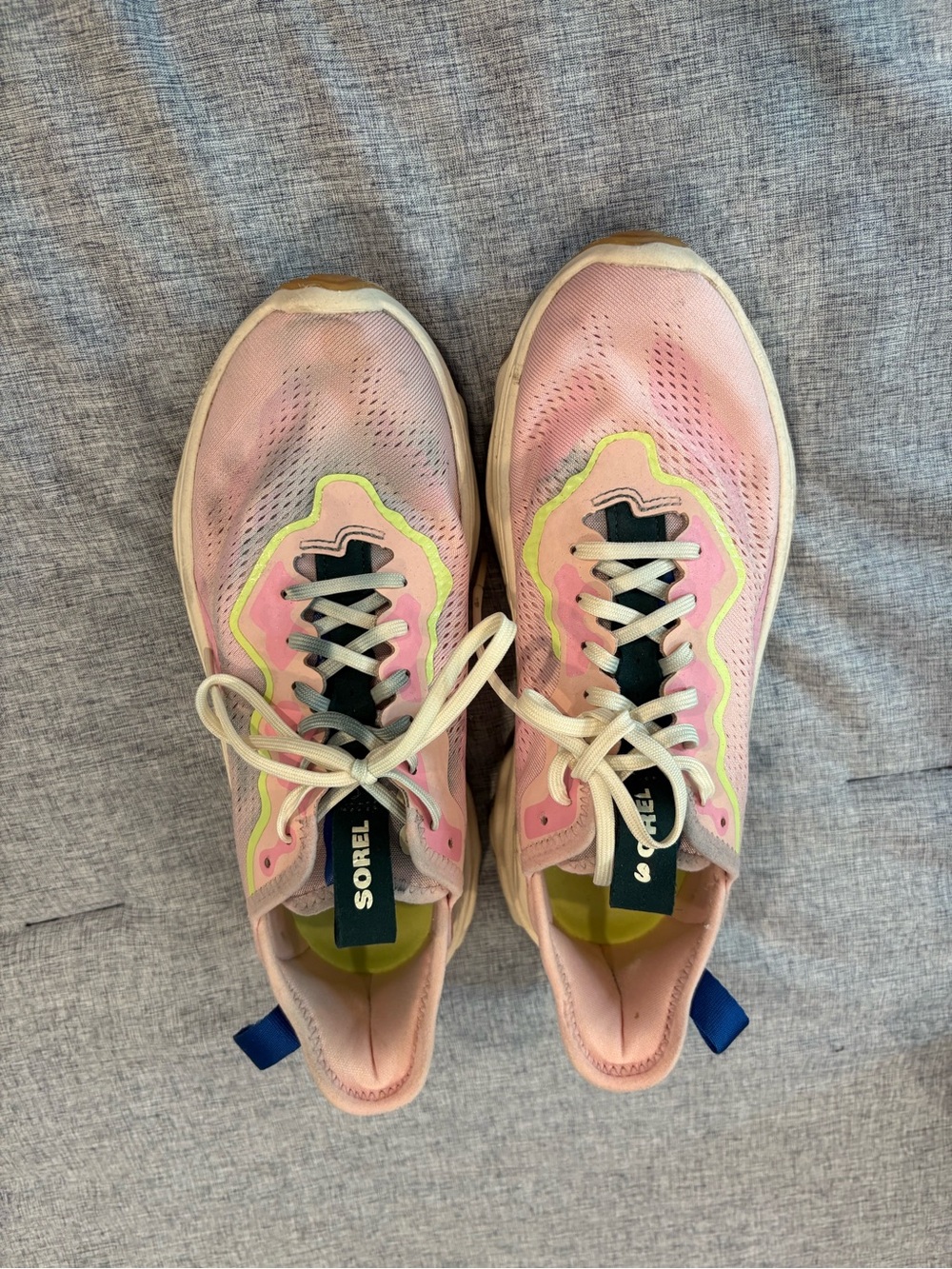 Sorel Pink Sneakers with Neon Yellow Trim and Navy Tabs